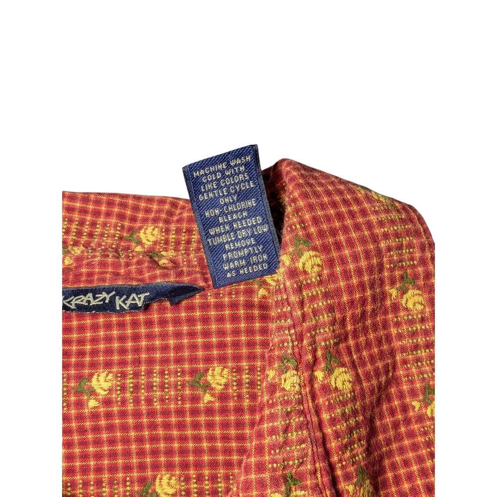 Krazy Kat Vintage Cottagecore Calico Floral Button Down Shirt Red Tan Size M - Picture 14 of 15